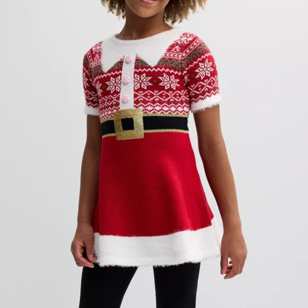 NWT 33 Degrees Girl's Plus Knitted Christmas Elf Mini Flare Dress Red 7 SMALL